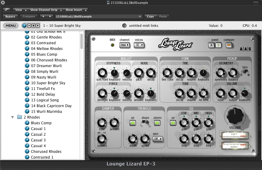 Lounge Lizard 3を使用したシンセベル音色の例
