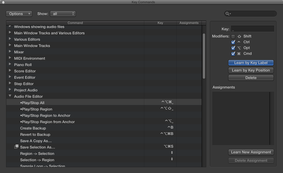 Logic Pro X : キーコマンドリストのAudio File Editorウィンドウのデフォ