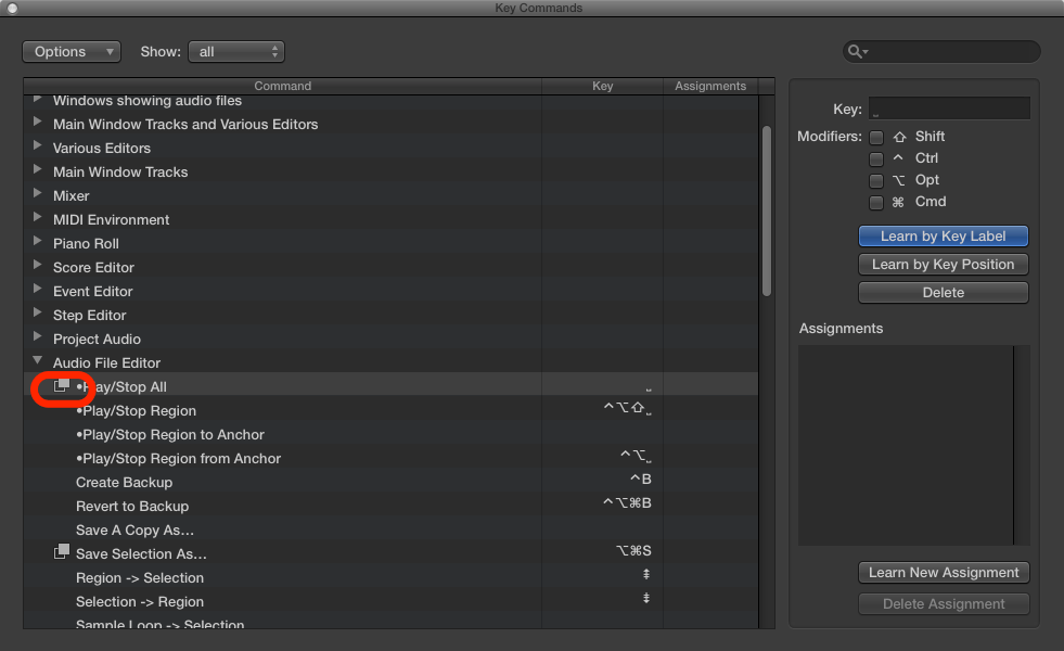 Logic Pro X : キーコマンドリストのAudio File EditorウィンドウのPlayをスペースキーに割り当てたところ