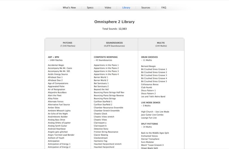 Omnisphere 2のLibrary一覧