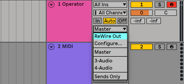 ReWireオーディオ出力を選択（MIDIトラックはインストゥルメントを挿してからでないとReWire Outが表示されない）
