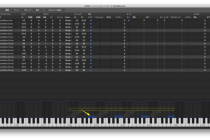 (3)いちばん上の段の４つをAの音程にずらし（Option押しながらドラッグ）、キーゾーンを3半音に縮める