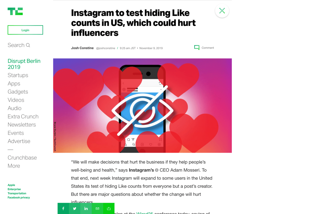 Instagram to test hiding Like counts in US, which could hurt influencers | TechCrunch
