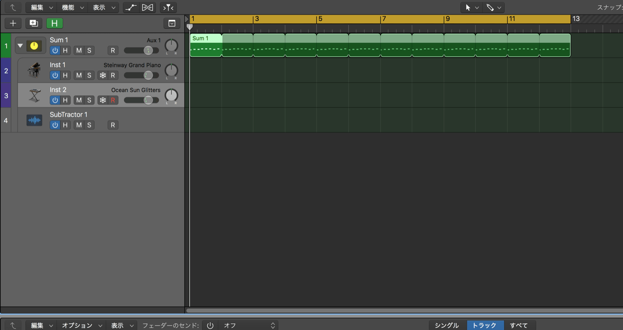 (5)SubのトラックにMIDIリージョンを作成すると、MIDIインストすべてが鳴る