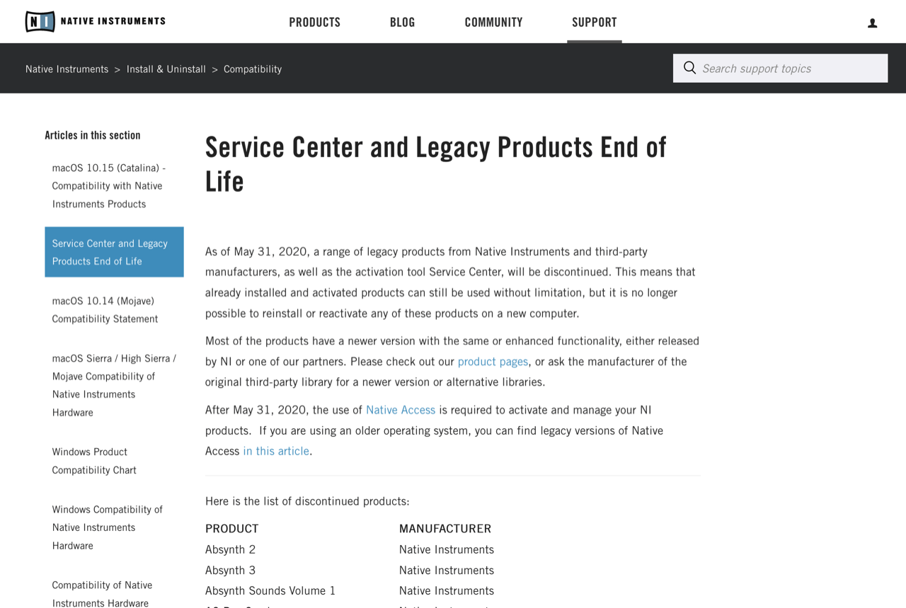 Service Center and Legacy Products End of Life – Native Instruments