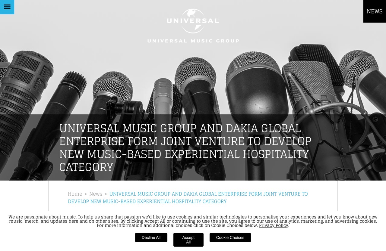 UNIVERSAL MUSIC GROUP AND DAKIA GLOBAL ENTERPRISE FORM JOINT VENTURE TO DEVELOP NEW MUSIC-BASED EXPERIENTIAL HOSPITALITY CATEGORY - UMG