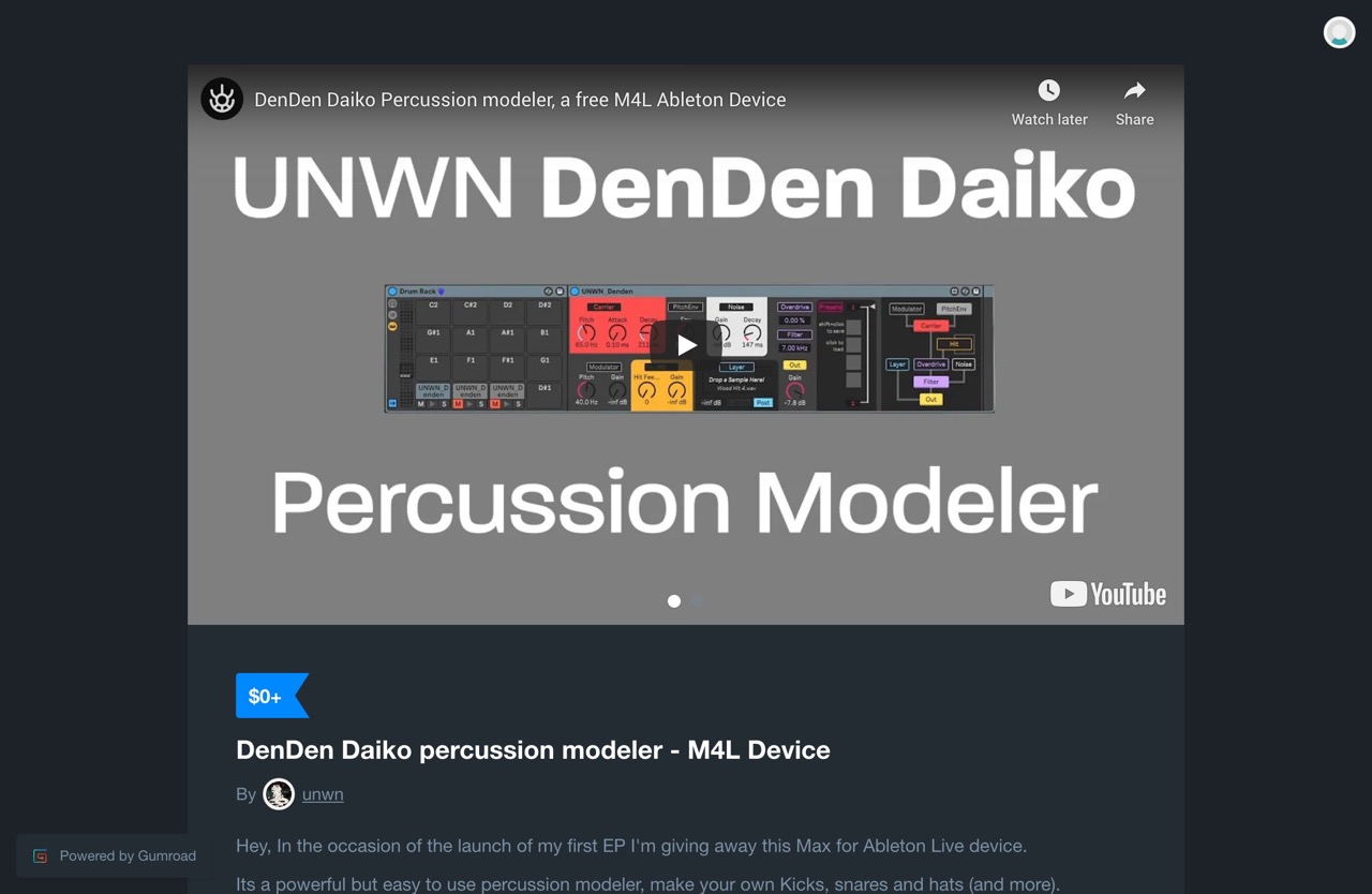 DenDen Daiko Percussion modeler version 1.0 by unwn on maxforlive.com
