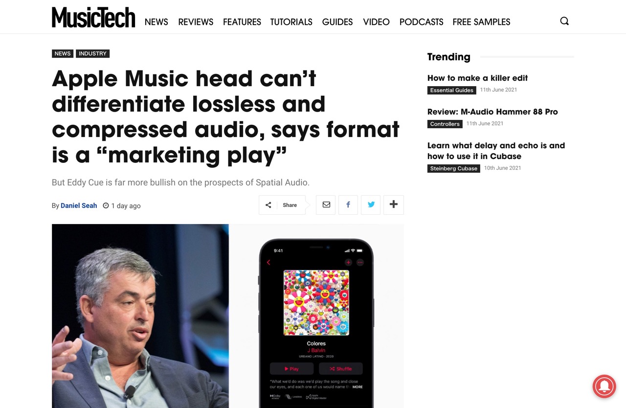 Apple Music head can't differentiate lossless and compressed audio, says format is a "marketing play" | MusicTech