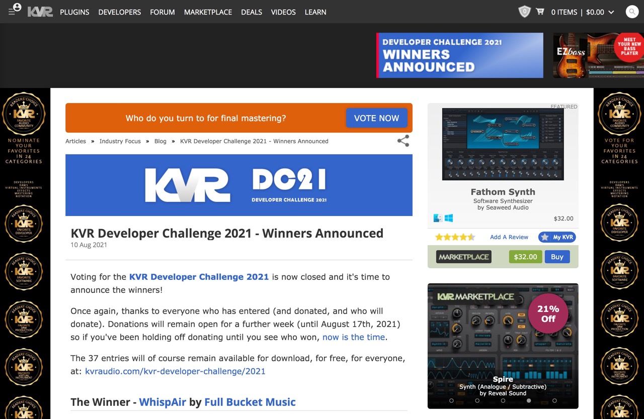 KVR Developer Challenge 2021 - Winners Announced