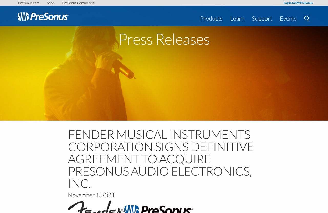 FENDER MUSICAL INSTRUMENTS CORPORATION SIGNS DEFINITIVE AGREEMENT TO ACQUIRE PRESONUS AUDIO ELECTRONICS, INC. | Press Releases | PreSonus