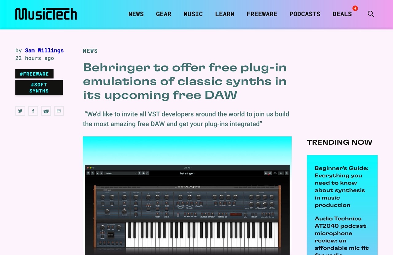 Behringer to offer free plug-in emulations of classic synths in its upcoming free DAW | MusicTech
