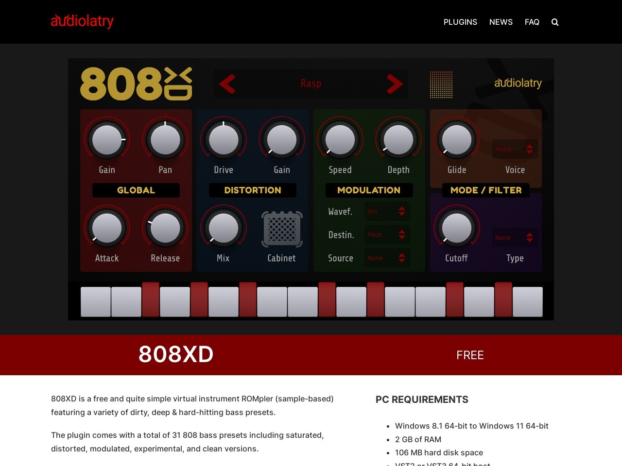 808XD Free 808 Bass Virtual Instrument Plugin (VST, VST3, AU)