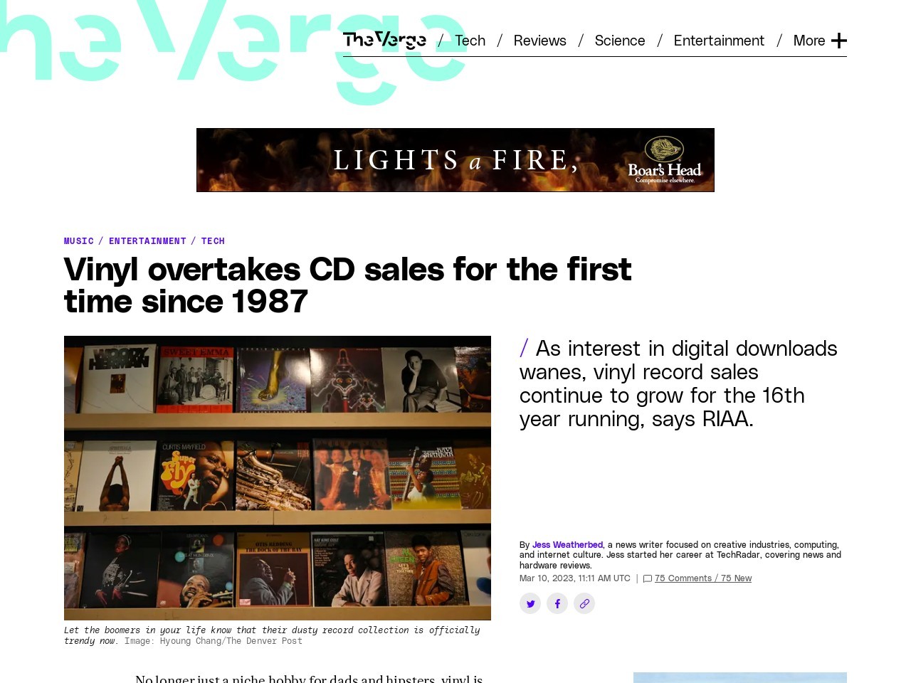 Vinyl overtakes CD sales for the first time since 1987 - The Verge