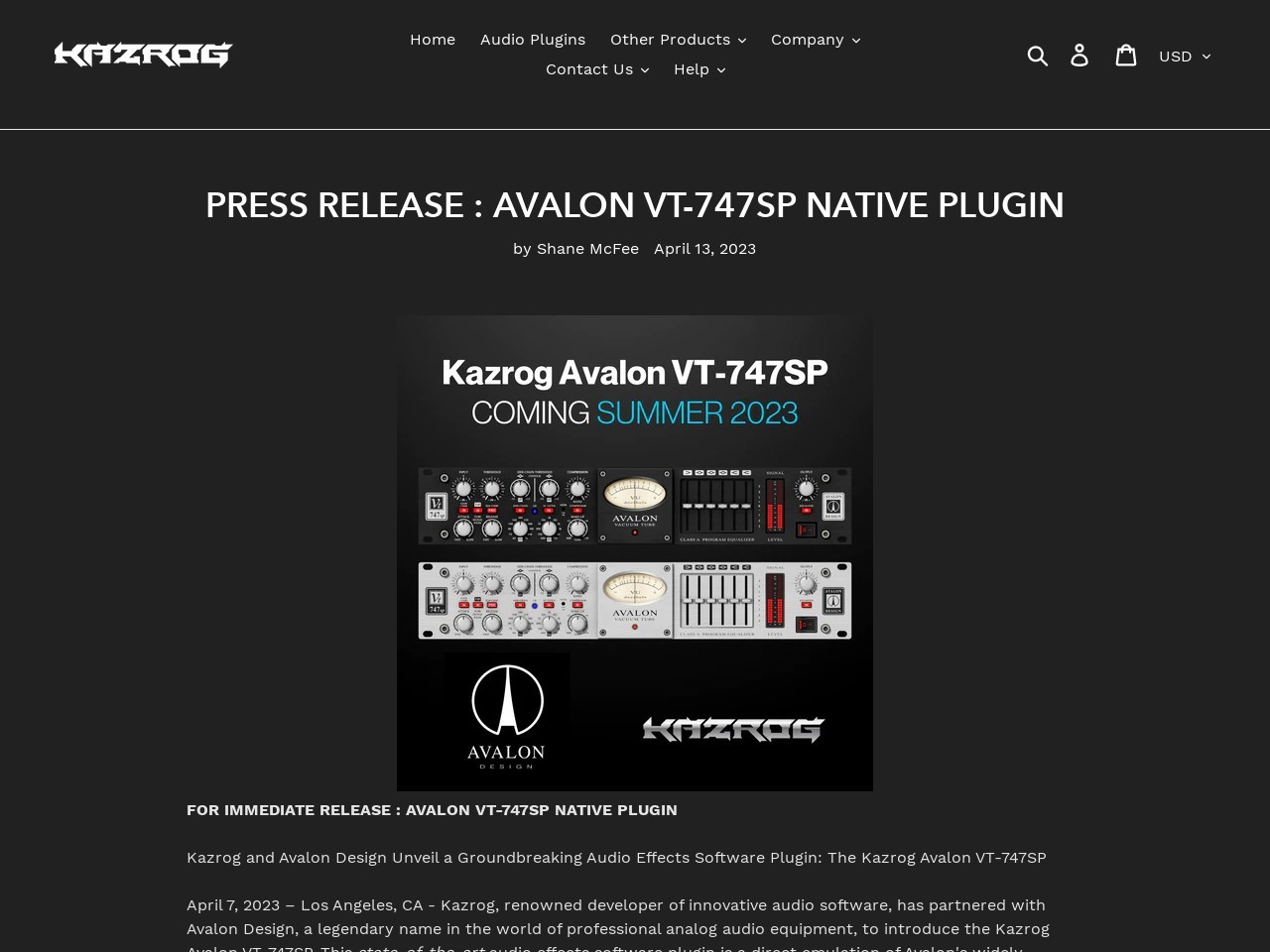PRESS RELEASE : AVALON VT-747SP NATIVE PLUGIN – Kazrog