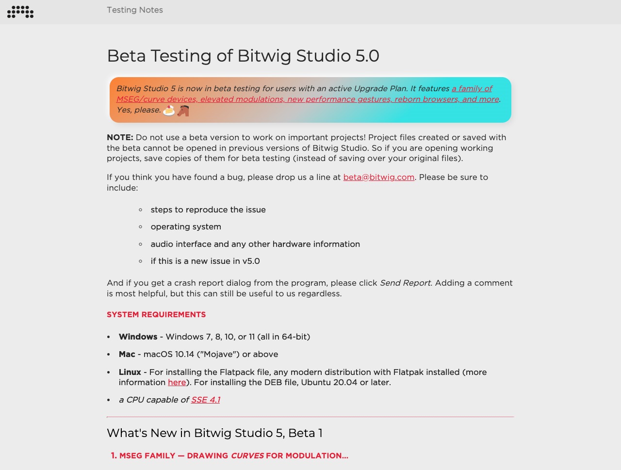 Testing Notes for Bitwig Studio 5
