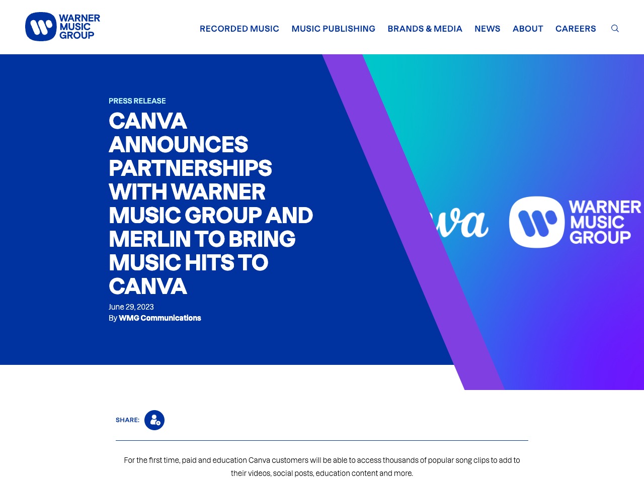 CANVA ANNOUNCES PARTNERSHIPS WITH WARNER MUSIC GROUP AND MERLIN TO BRING MUSIC HITS TO CANVA - Warner Music Group