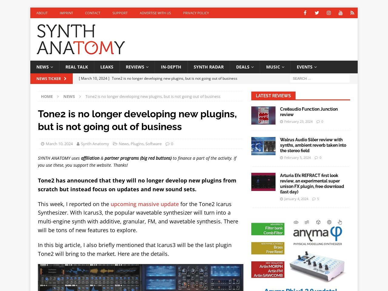 Tone2 is no longer developing new plugins, but is not going out of business - SYNTH ANATOMY
