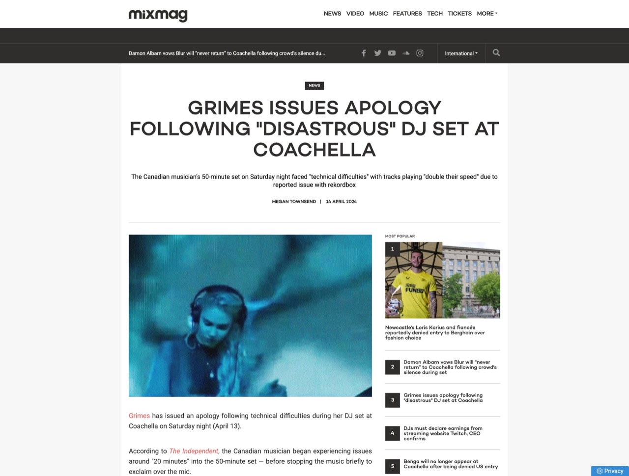 Grimes issues apology following "disastrous" DJ set at Coachella - News - Mixmag