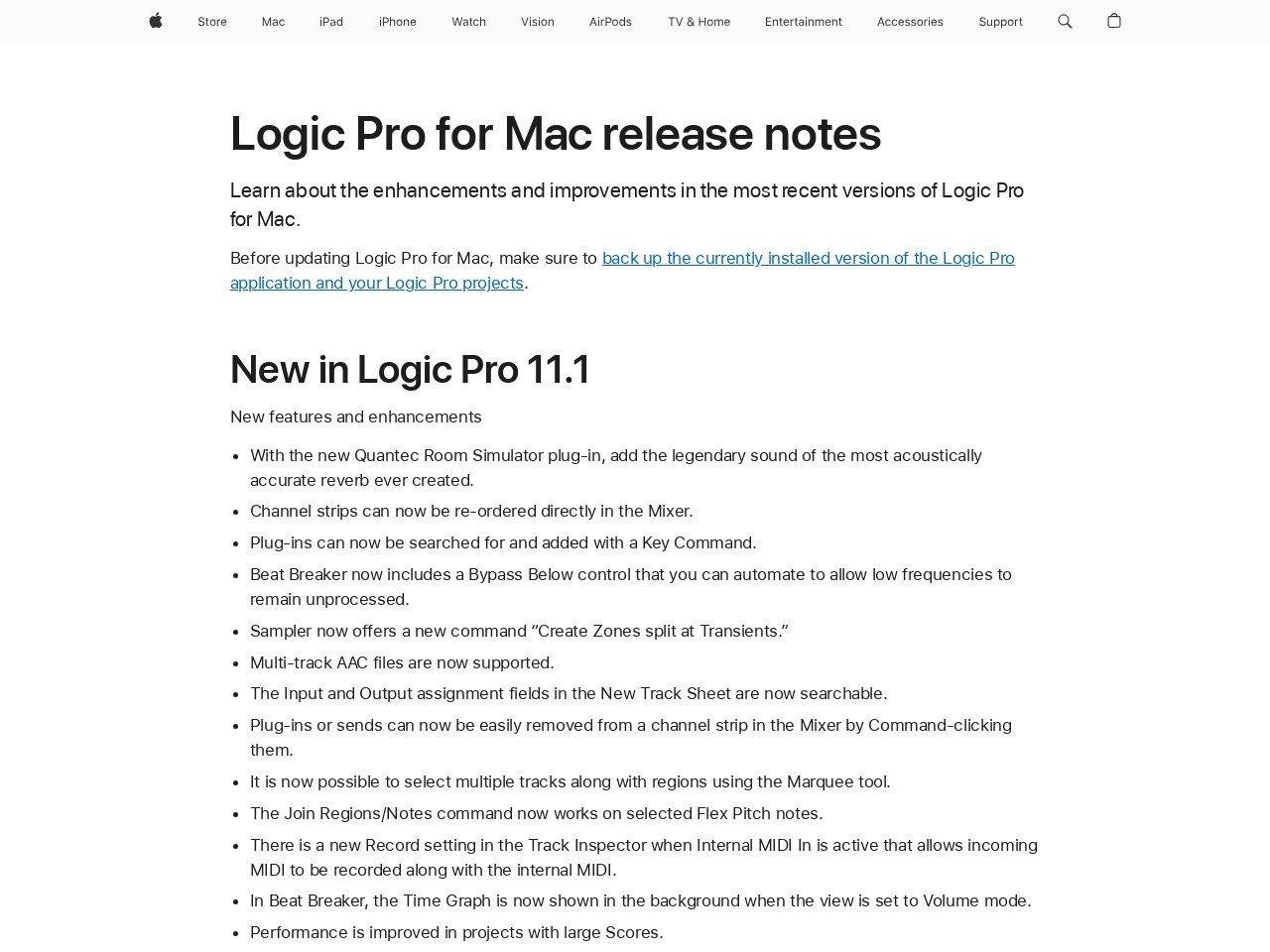 Logic Pro for Mac release notes - Apple Support