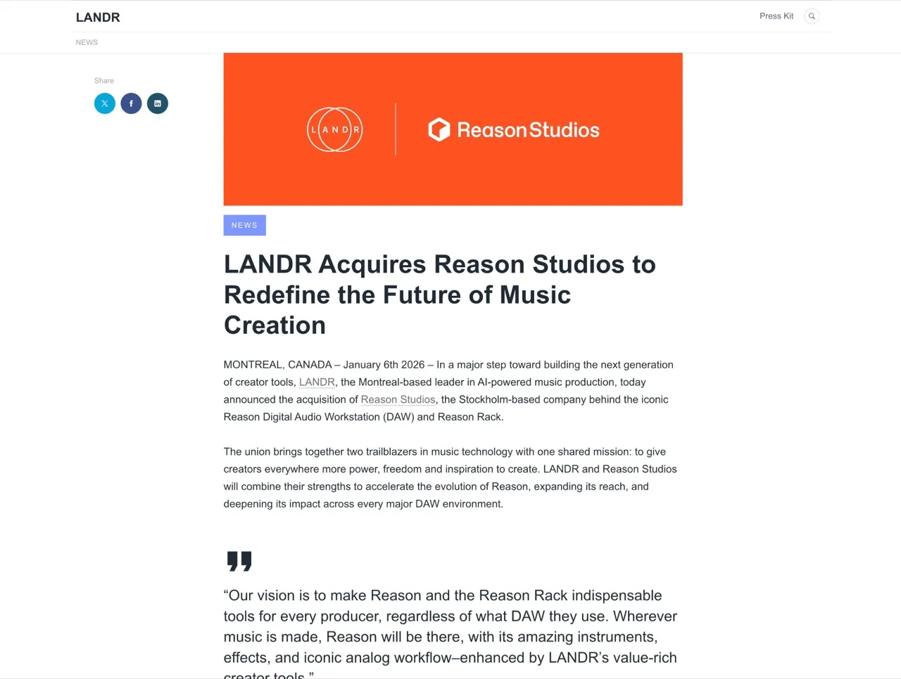 LANDR Acquires Reason Studios to Redefine the Future of Music Creation