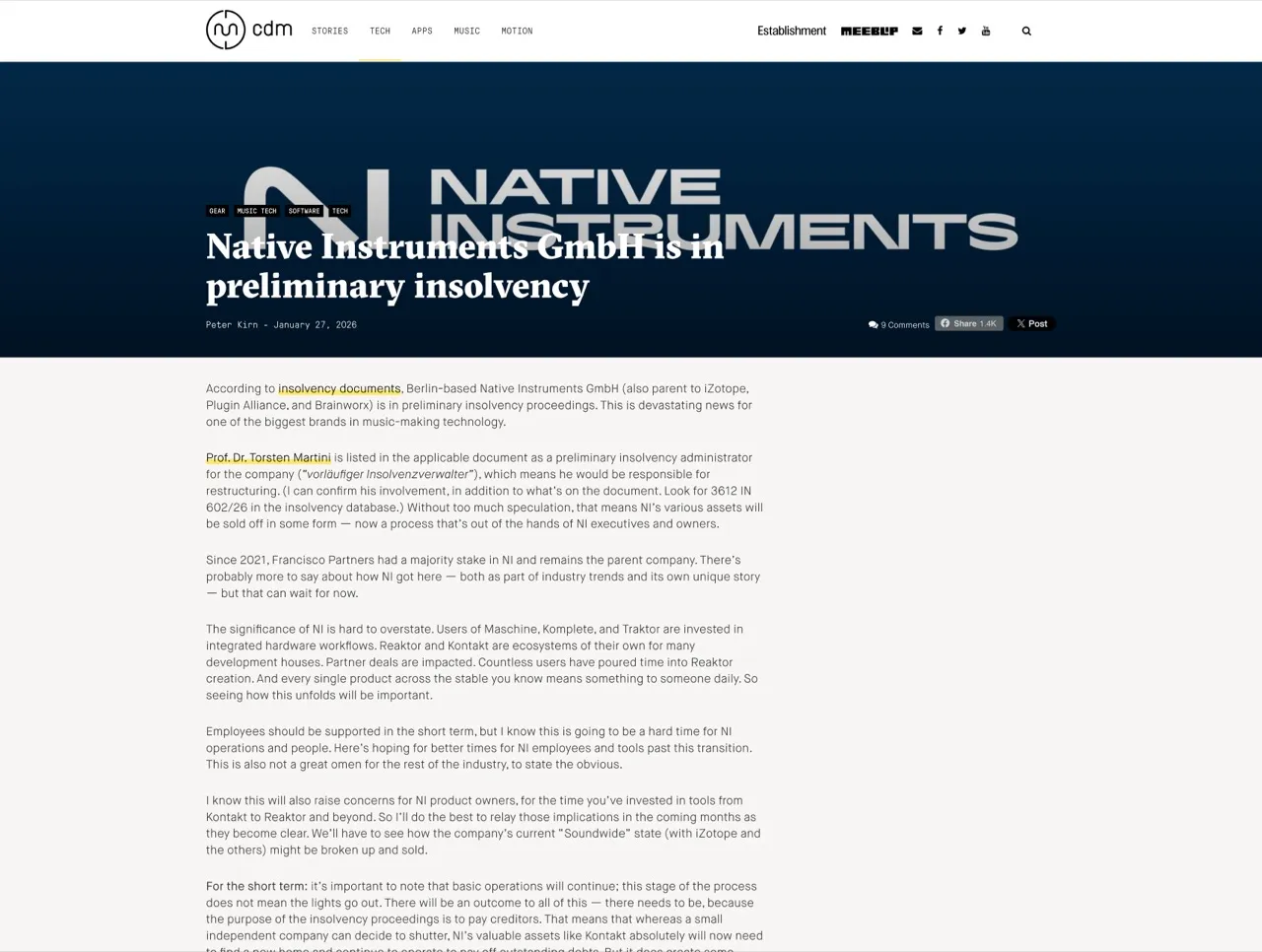 NI、仮倒産手続き中との話